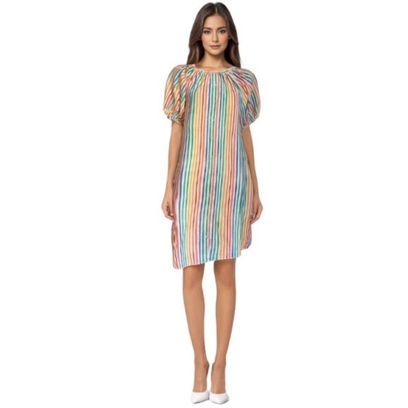 Smith & Quinn NWT Striped Dress Multicolor Stripe Puff Short Sleeve Button Front - Picture 13 of 14